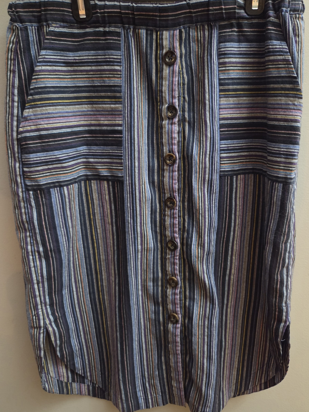 Mododoc Women's Large Button-Front Midi Skirt Blue Multi-Stripe